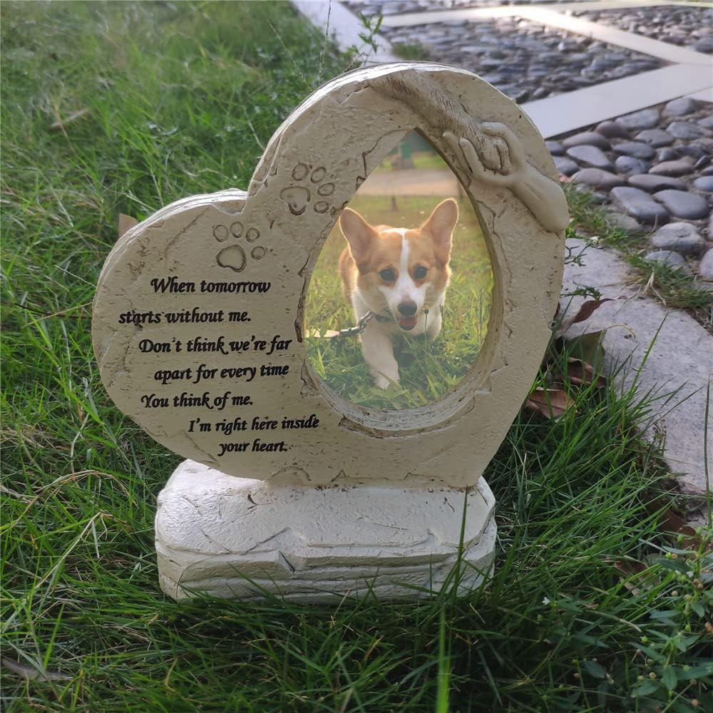Heart Shaped Pet Dog Memorial Stones with Photo Frame, Pet Dog Headstones Grave