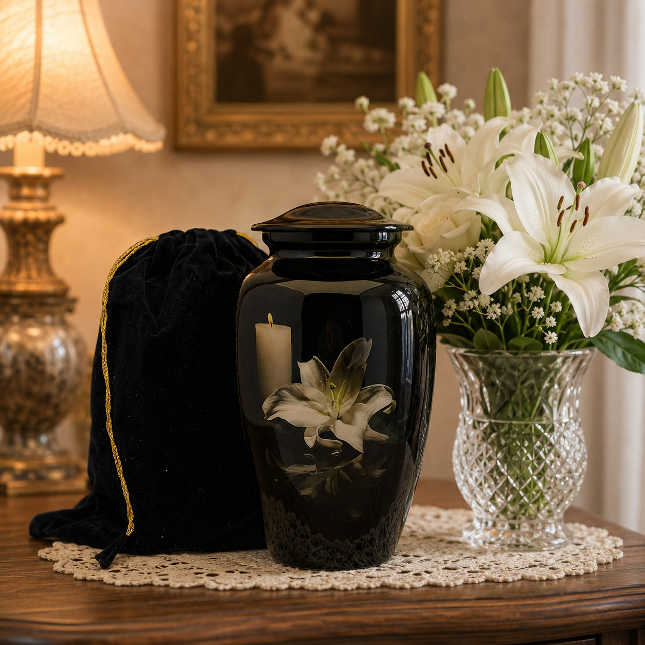 Black Lily Cremation Urn for Human Adult Ashes 190 Cu In Urns Male & Female