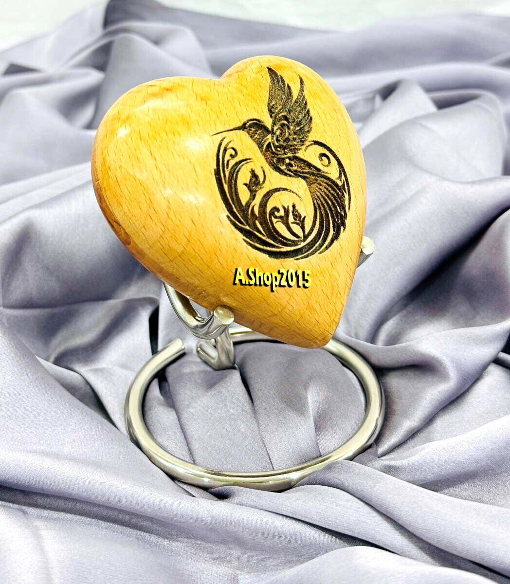 Wooden Urn for Human Ashes Adult with Stand | Small Heart Shape Hummingbird Urns