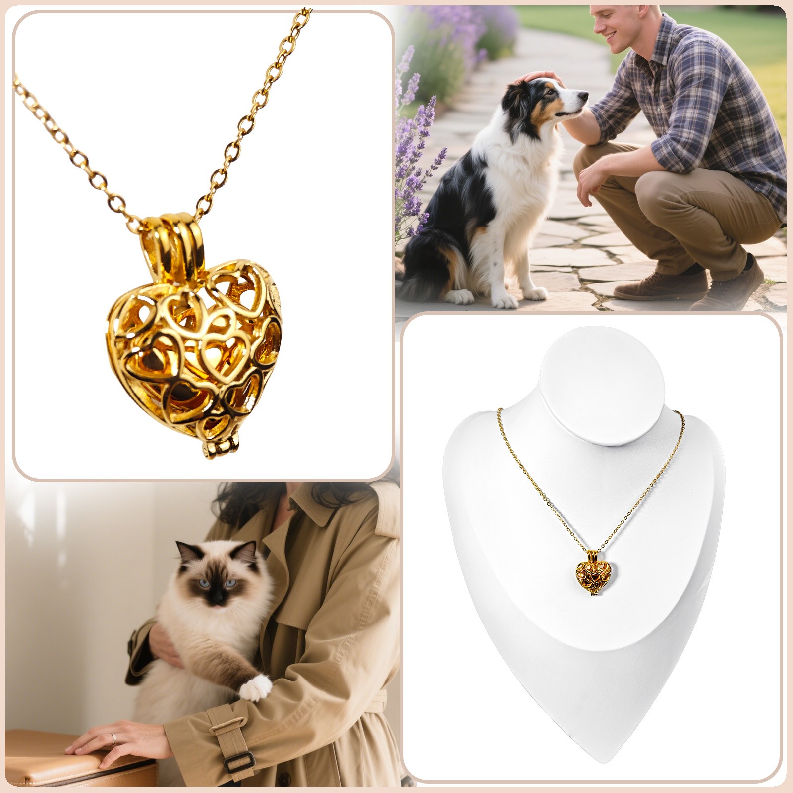 Gold Paw Print Heart Pet Ashes Memorial Necklace with Inner Box For Dog&Cat