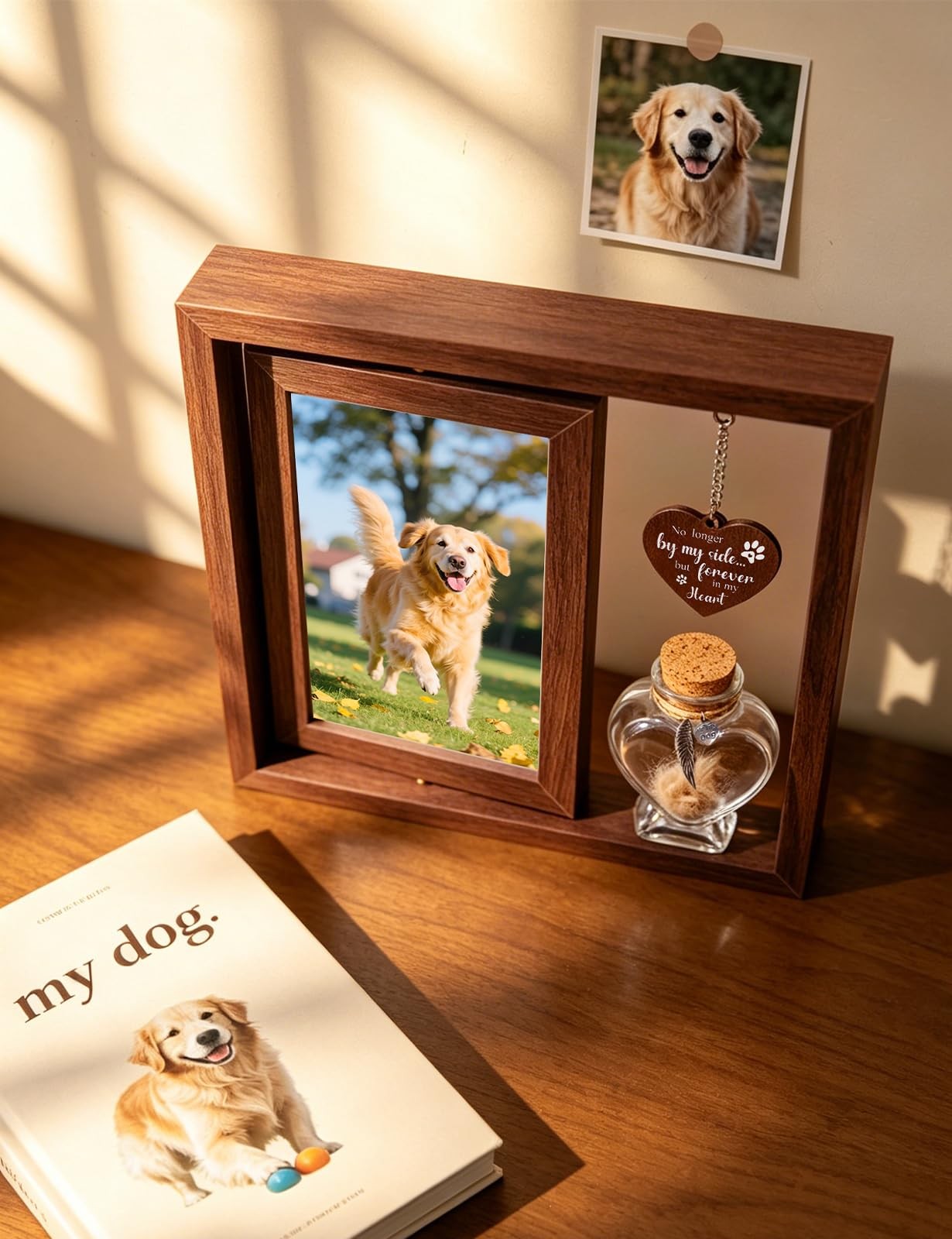 Bomis Dog Memorial Gift Rotating Wooden Frame For 4X6 Fur Keepsake Jar Present