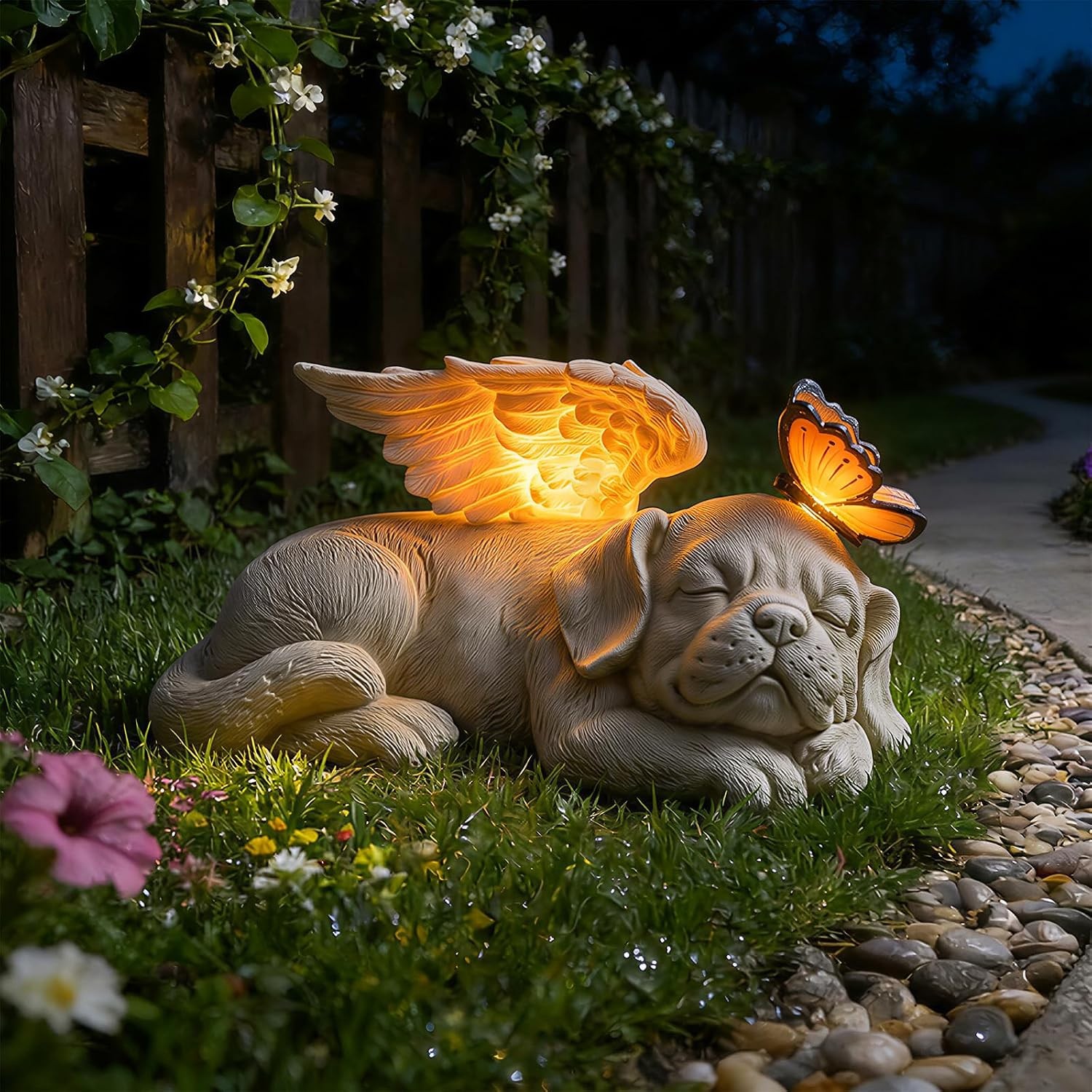 WONDER GARDEN Sleeping Dog Angel Statue with Solar Light – Pet Memorial Stone, i