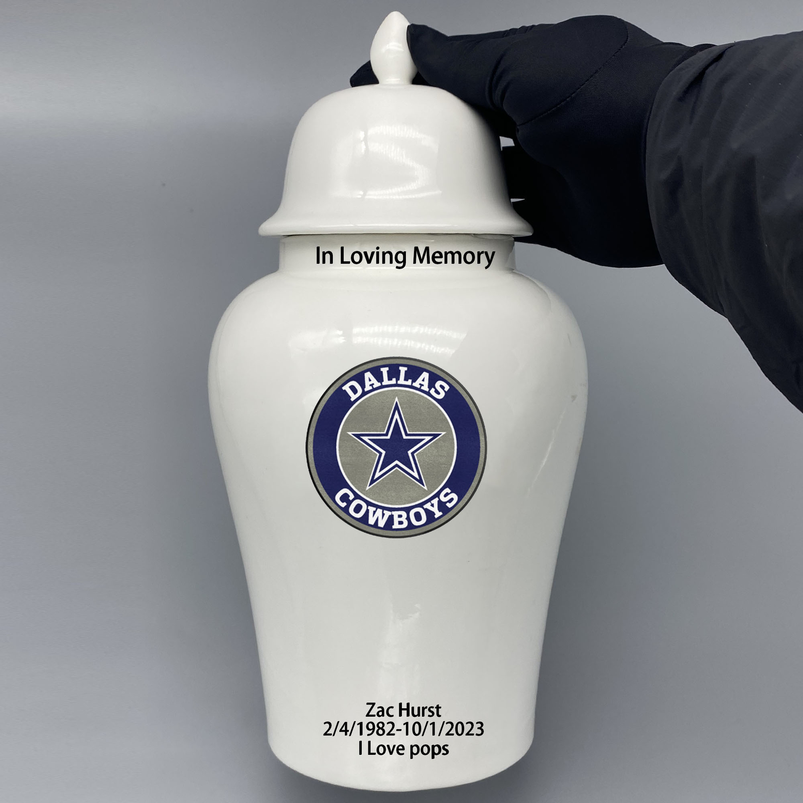 Ceramic Large Urn for Dallas Cowboys Football Theme, Custom Text & Number