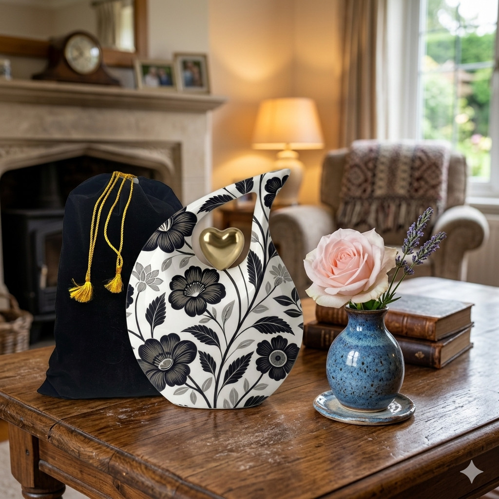Black White Floral Design Teardrop Cremation Urn for Human Ashes Urns Your Love