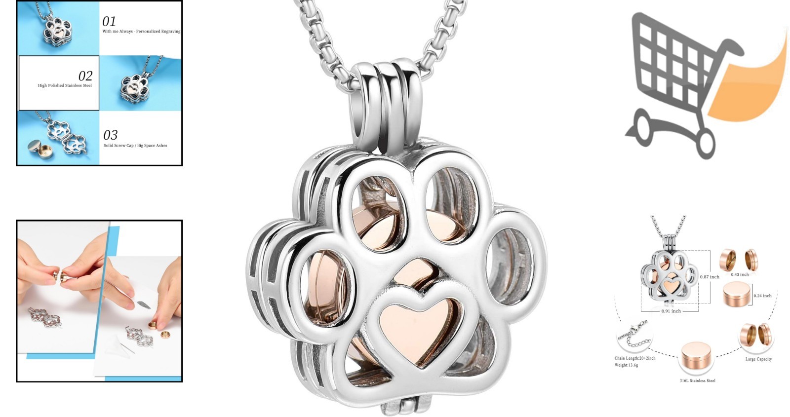 Pet Cremation Jewelry Stainless Steel Urn Necklace Keepsake for Dog Cat Ashes
