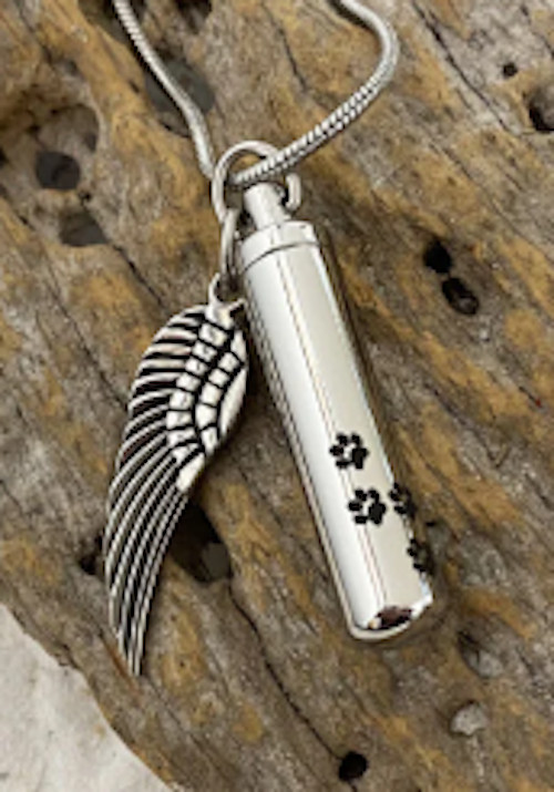 Cylinder with Paw Prints & Wing, Silver Tone Memorial Necklace (J-525-G)