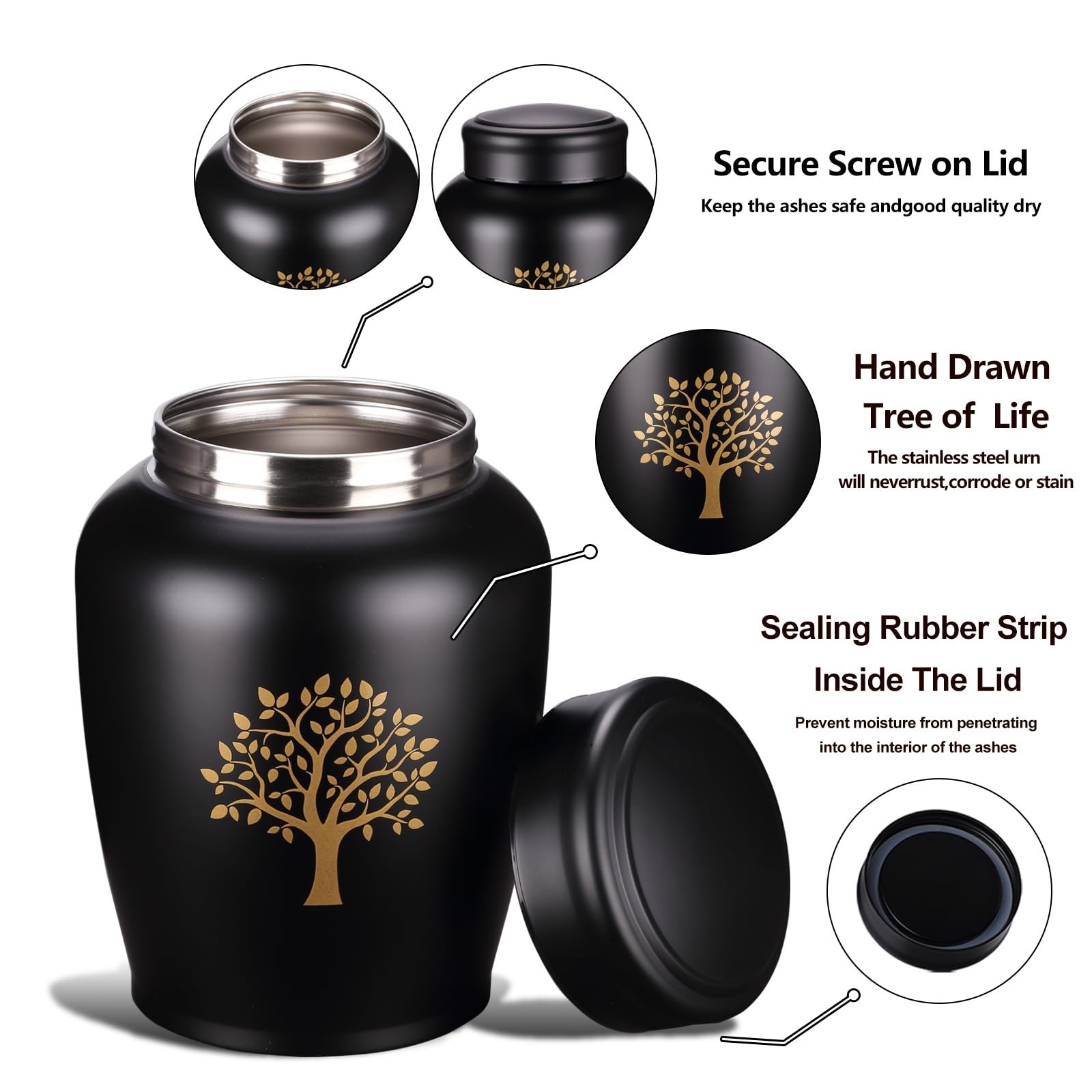 Large Black Urns for Ashes for Women Men,Tree of Life Cremation Metal Urn for…