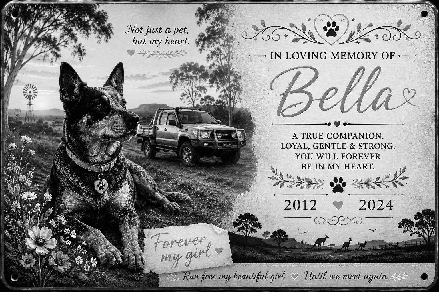 Personalised Pet Memorial Plaque Custom Photo Engraved Aluminium Dog & Ute Hilux