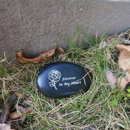 Memorial Stone – in Loving Memory Natural Black Pebble for Grave Sites, Rose