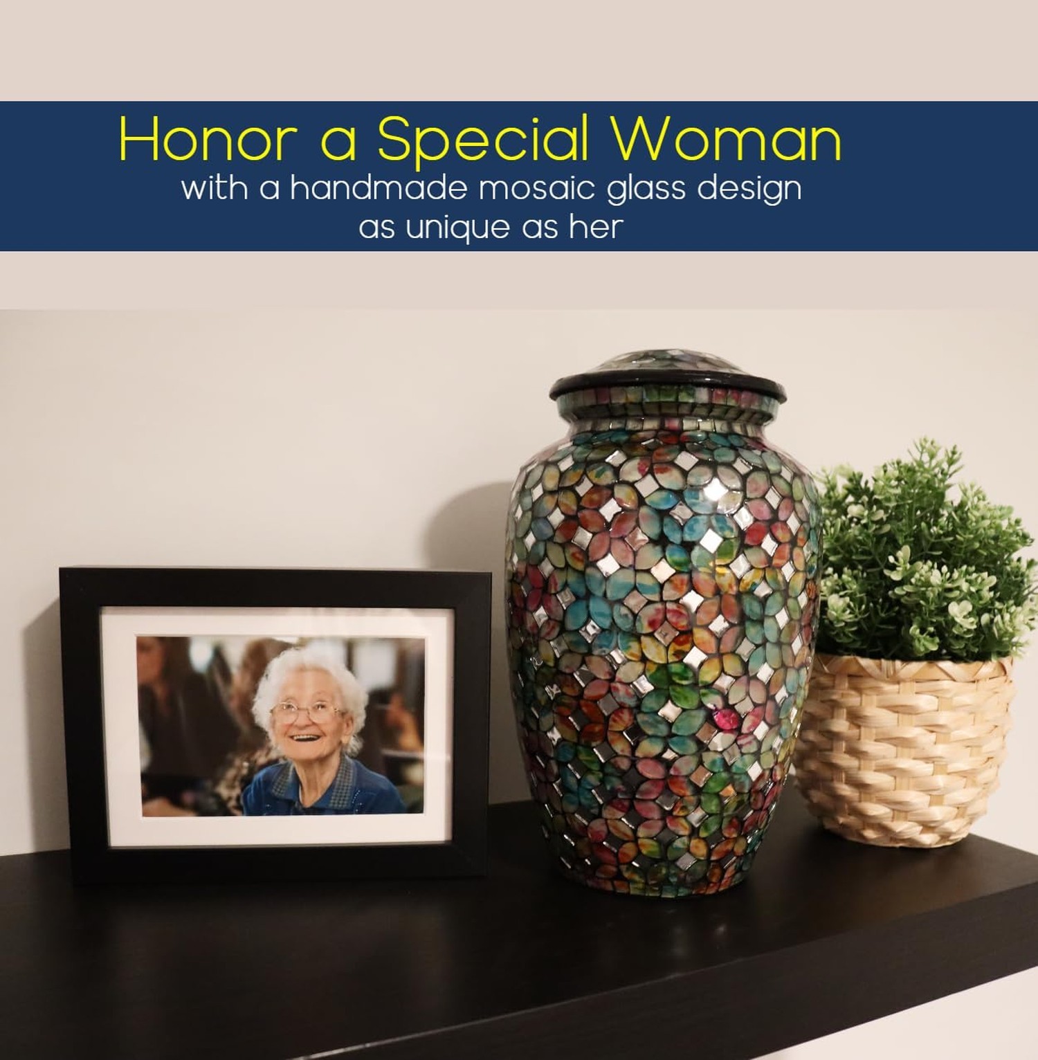Mosaic Glass Cremation Urn – Hand Made Funeral Urn for Human Ashes – Large Ad…