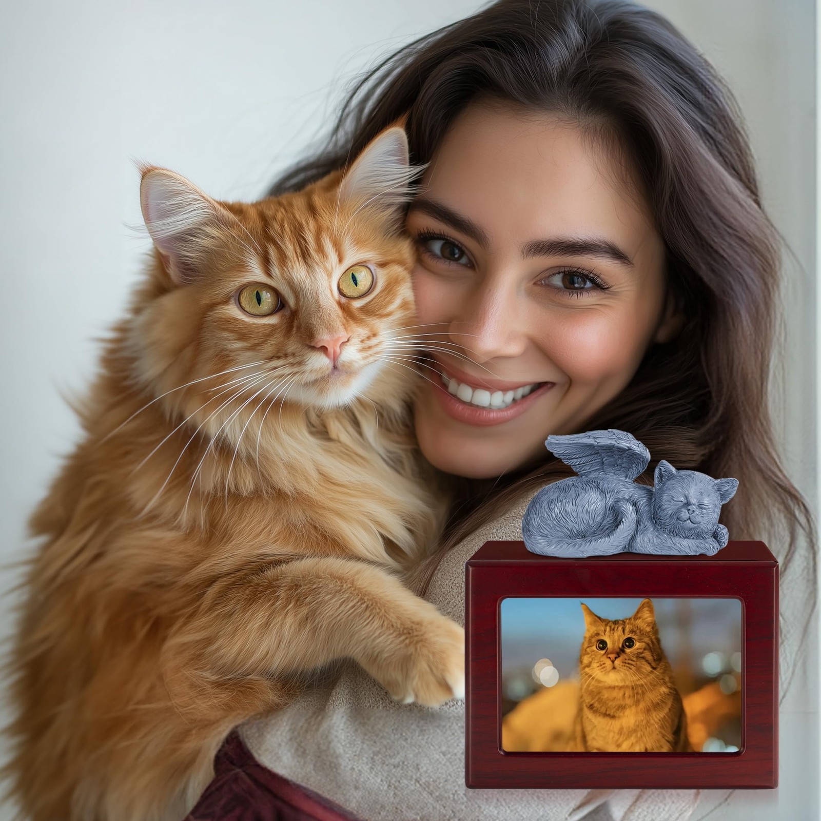 DiDiBirDi Cat Urn for Ashes, Wooden Keepsake Ashes with Photo Large, Red