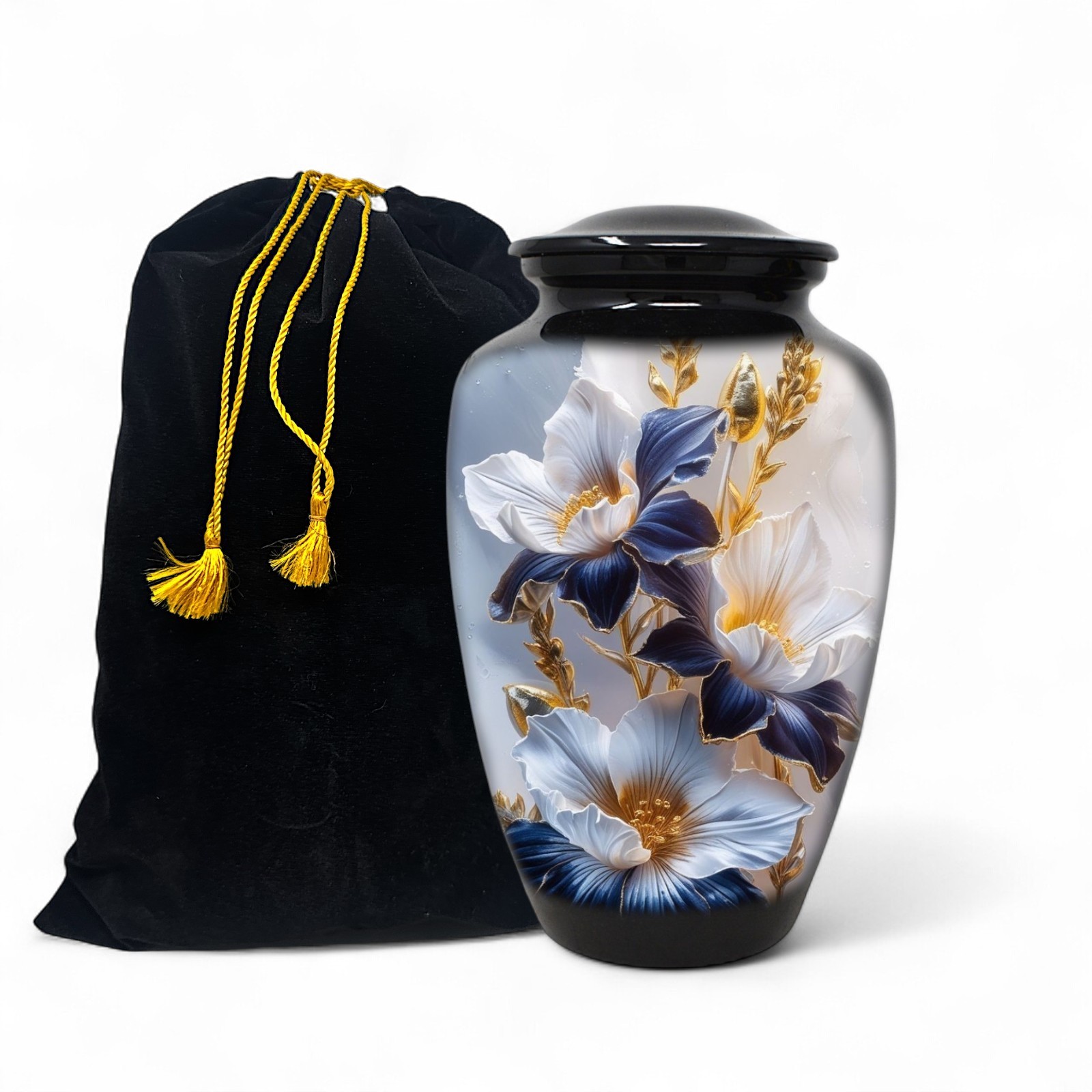 Cremation Urn for Adult Human Ashes 10.5in Gold Iris Flower Memorial Urn