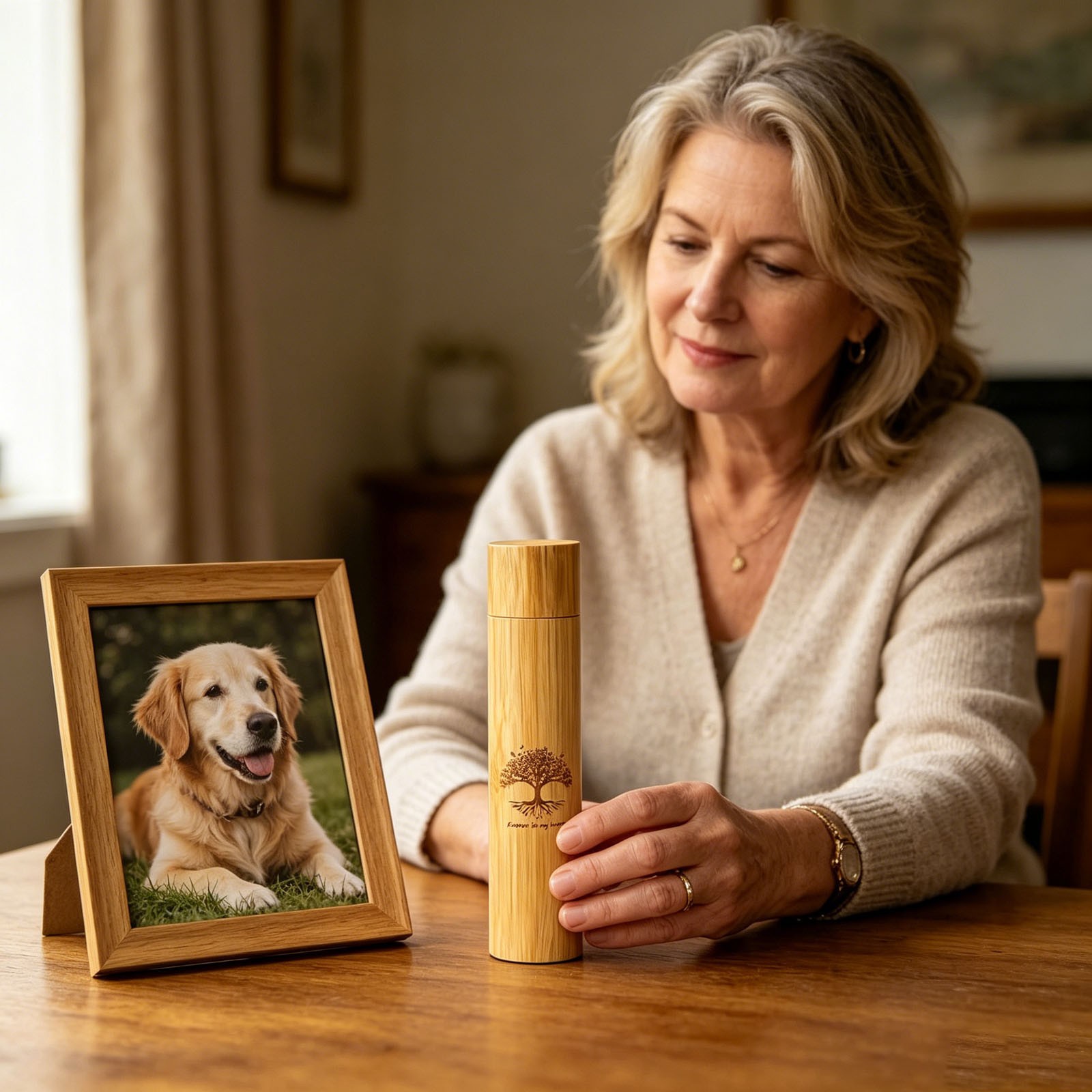 Bamboo Pet Urn for Dog/Cat Ashes, Tree of Life Engraved Memorial Container