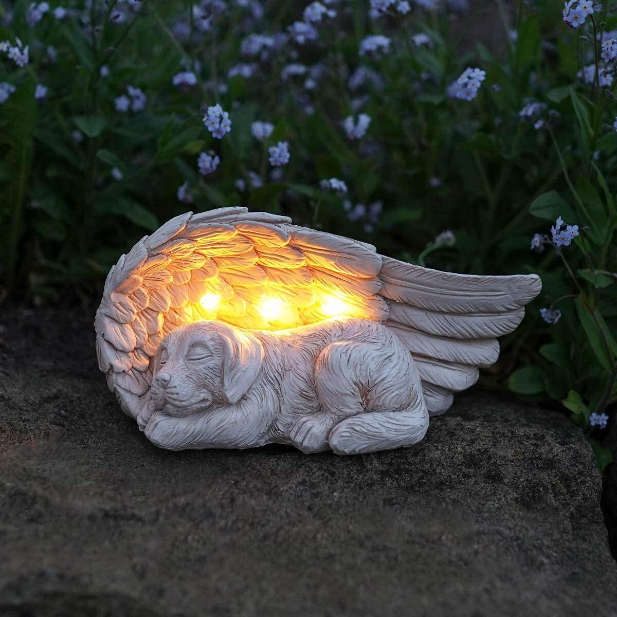 Solar Pet Dog Memorial Stone Light Statue Angel Wings Grave Marker Burial Site