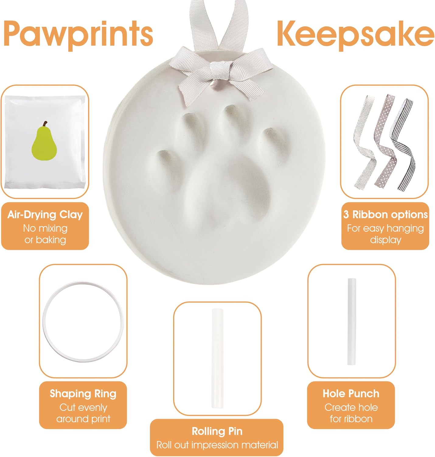 Pet Paw Print Keepsake Ornament Kit, Memorial Clay Paw Impression for Dogs & Cat
