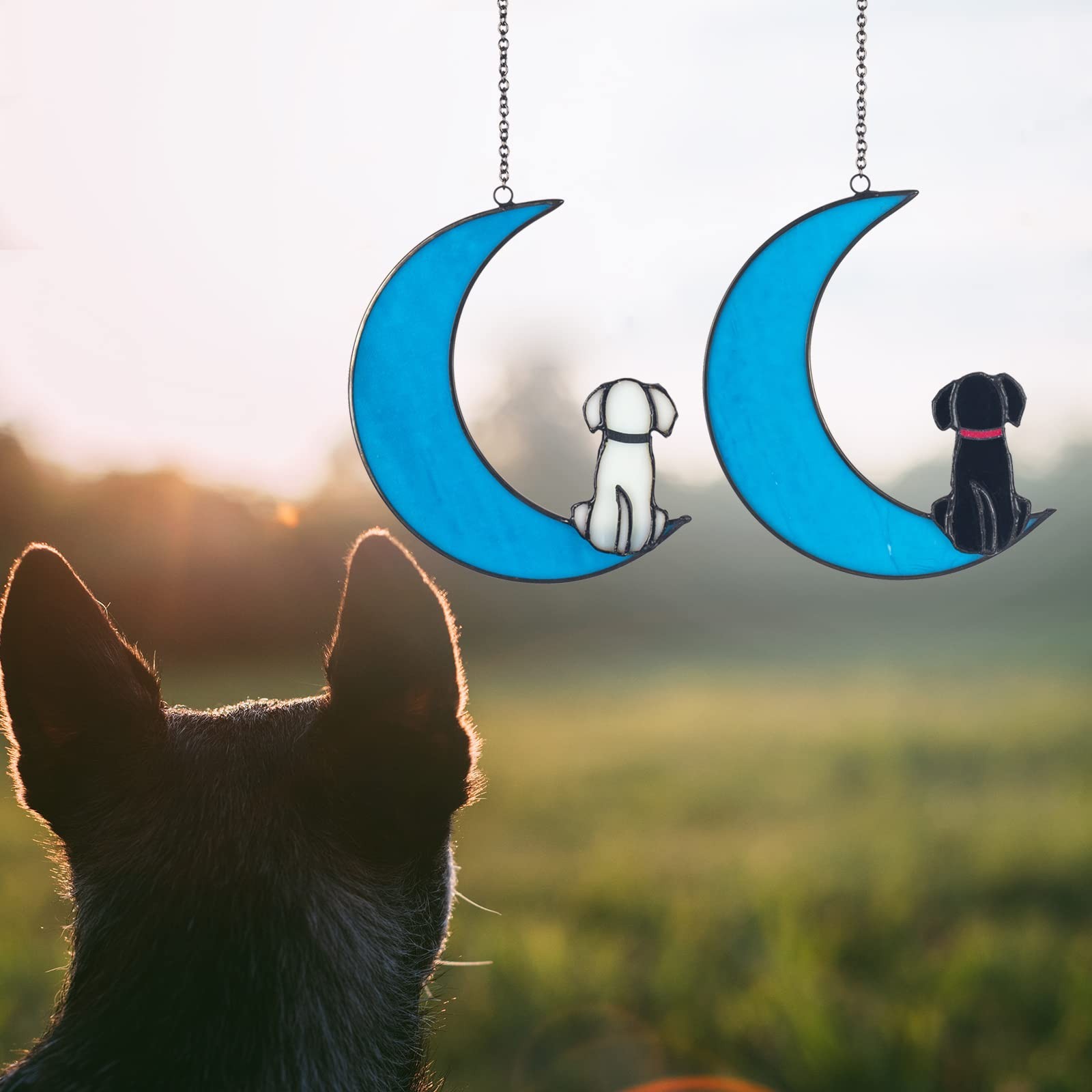Dog Memorial Gifts Suncatcher Dog Decor on Luminous Blue Moon Stained Glass W…