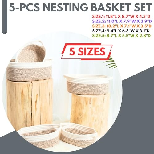 5-Piece Small Decorative Woven Storage Baskets Set for Shelves, Light Brown