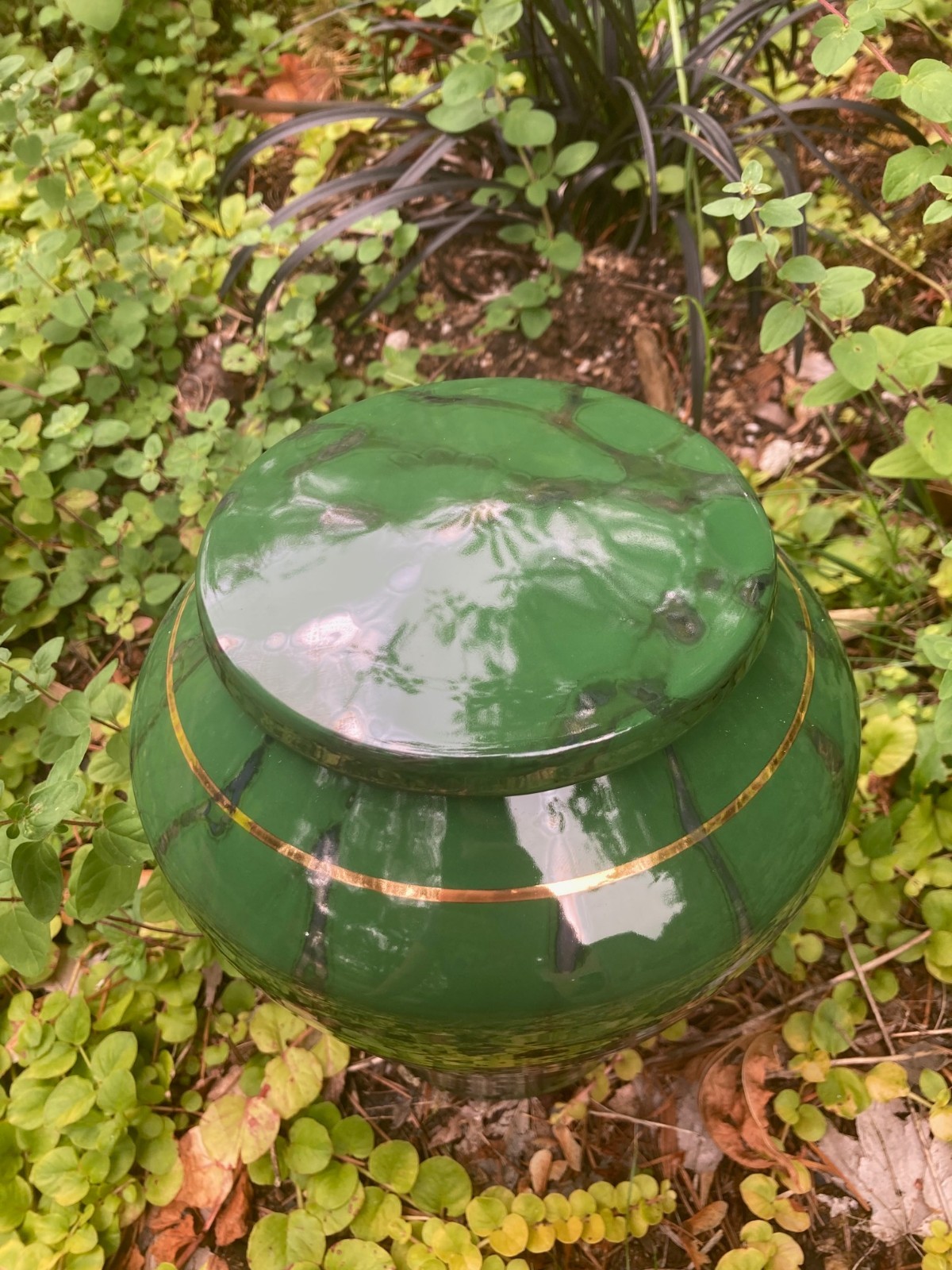 Handmade Ceramic Cremation Urn Keepsake Vessel in Dark Green with Silver 150 ci