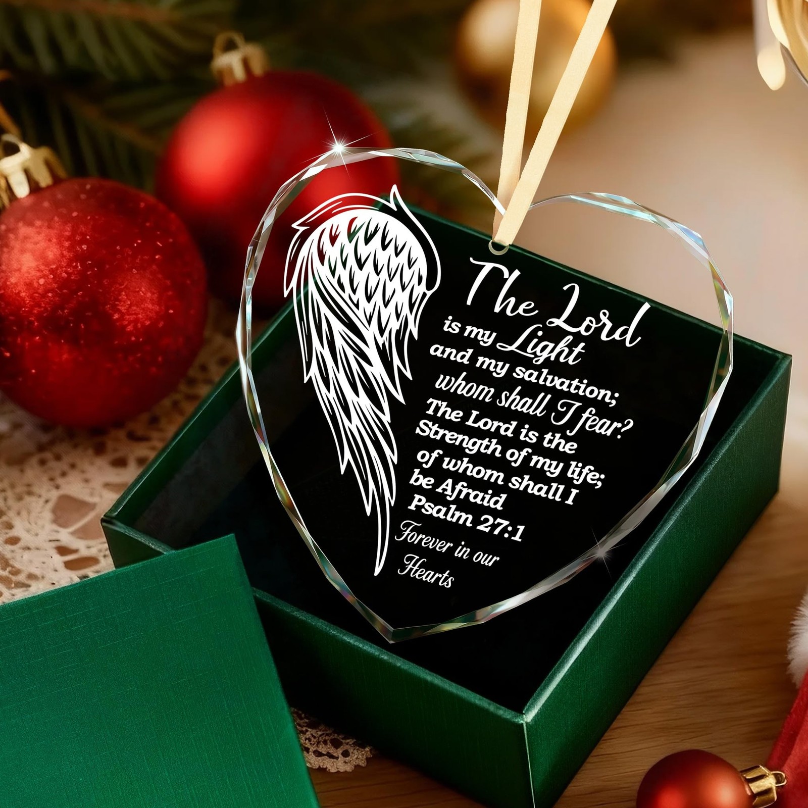 Sympathy Gifts – Christian Religious Heart Glass Ornament for Memorial Gif