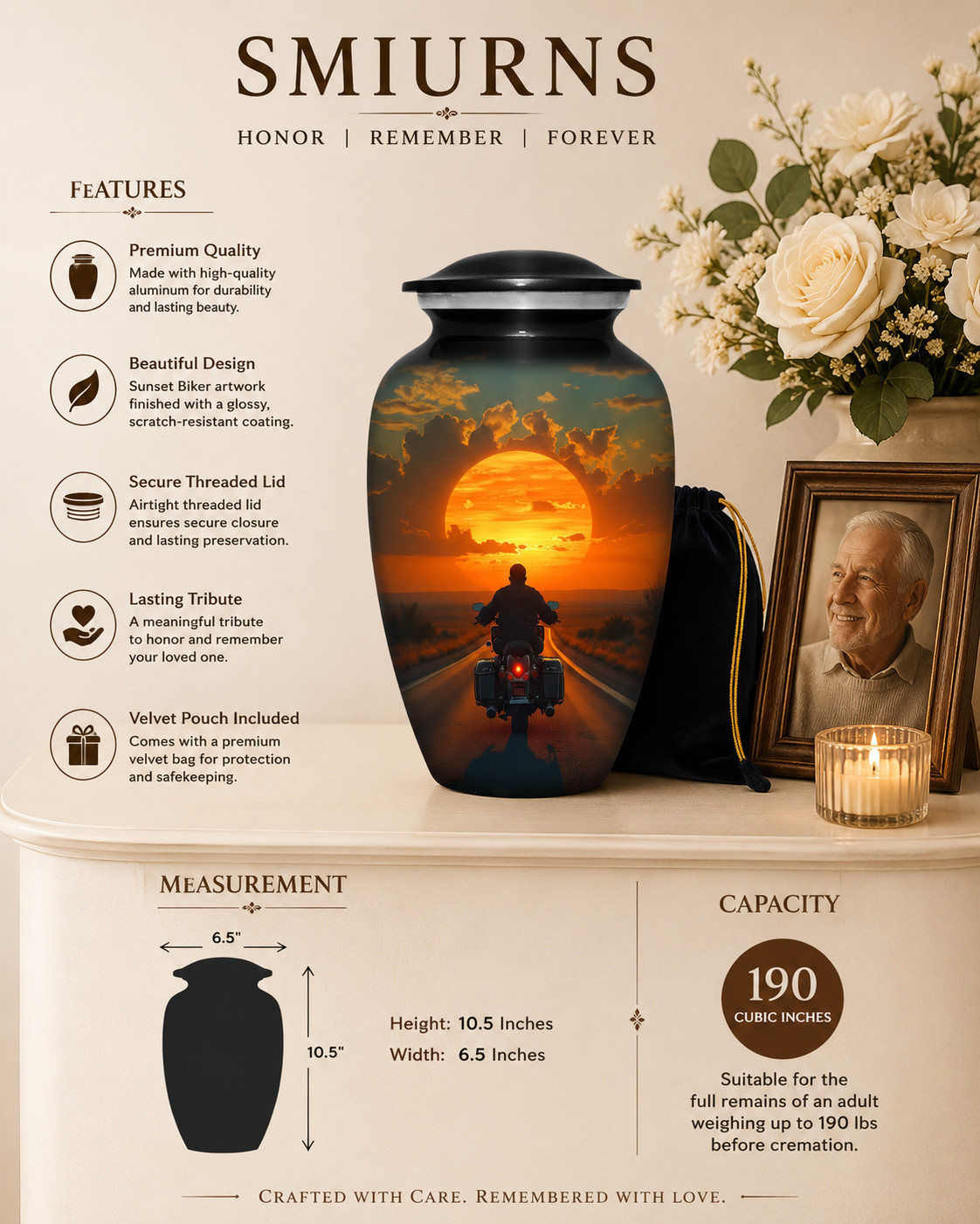 Large Cremation Urn for Human Ashes Adult Motorcycle Rider Sunset 190 Cubic In