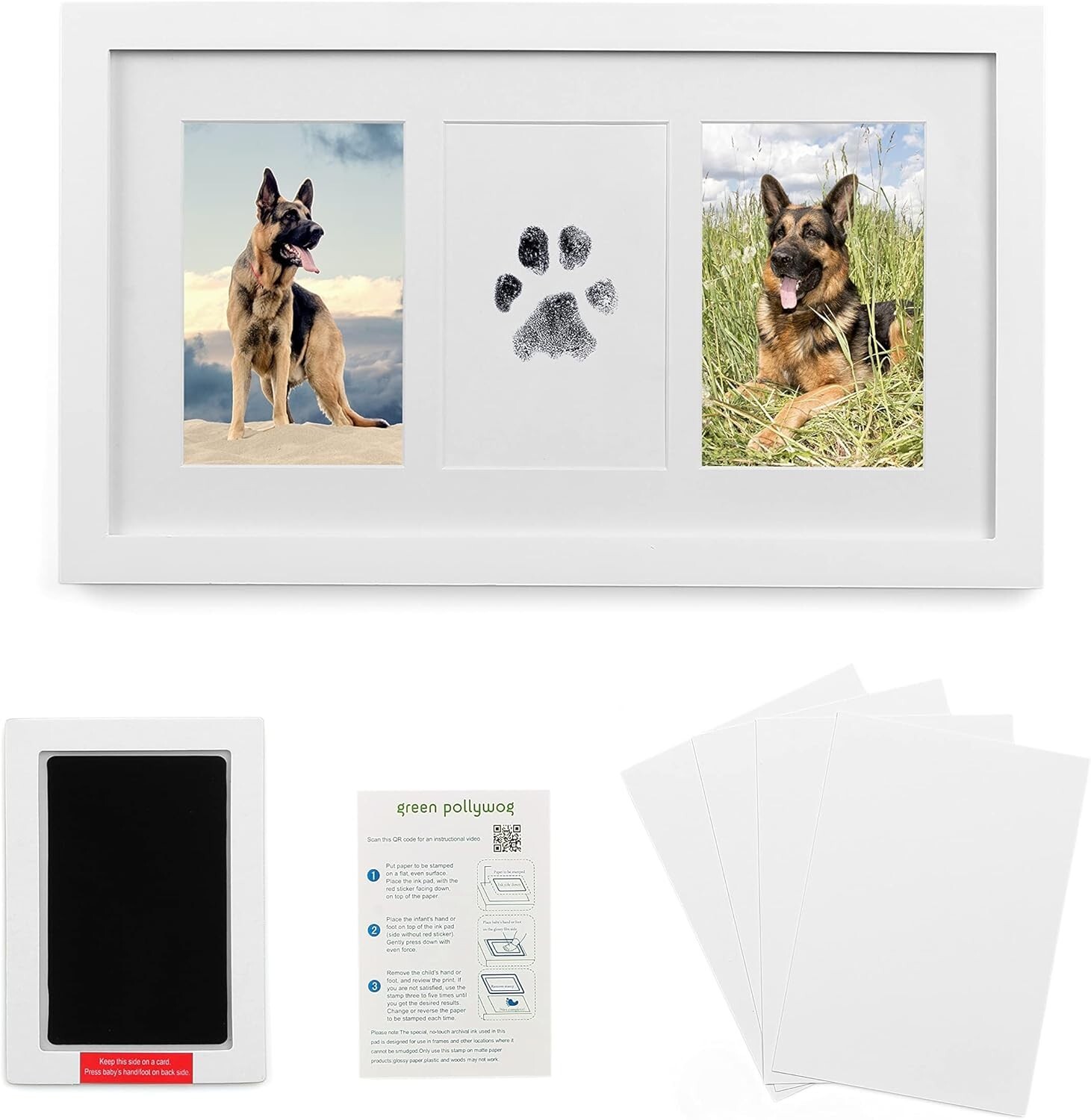 Thoughtful Pet Memorial Frame: Double Picture Display with Large Ink Pad – White