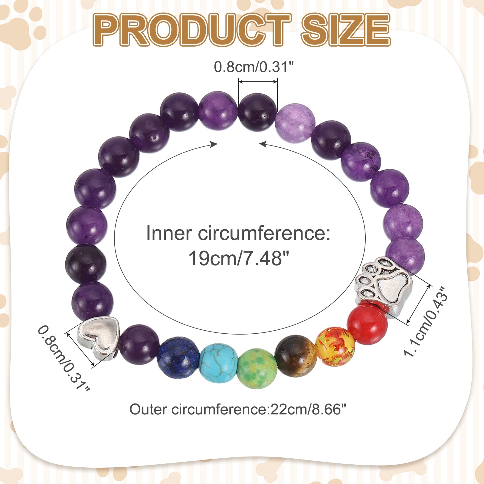 Stone Paw Bracelet,Heart Rainbow Paw Print Dog Mom Memorial Bracelet,Purple