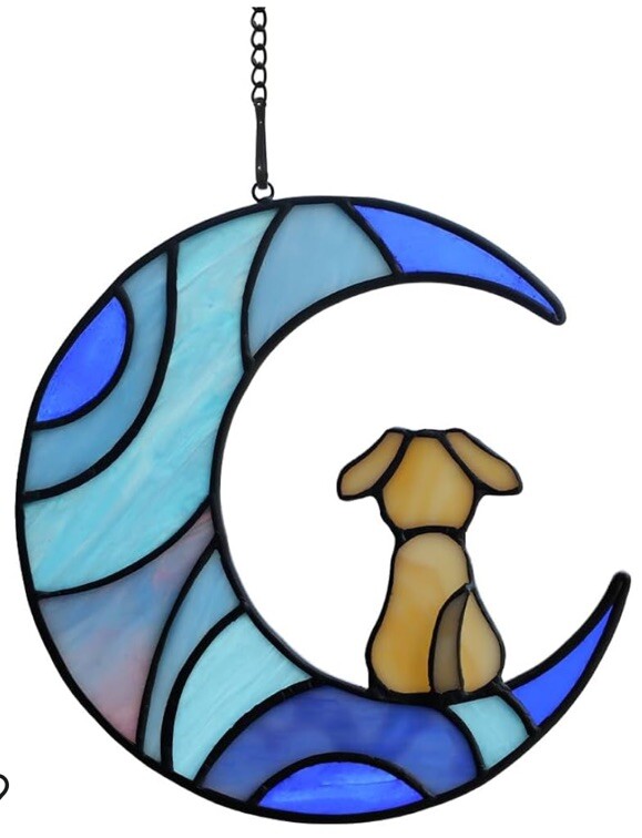 Stained Glass Dog Memorial Gifts Yellow Dog Window Hanging Blue Dog On Moon