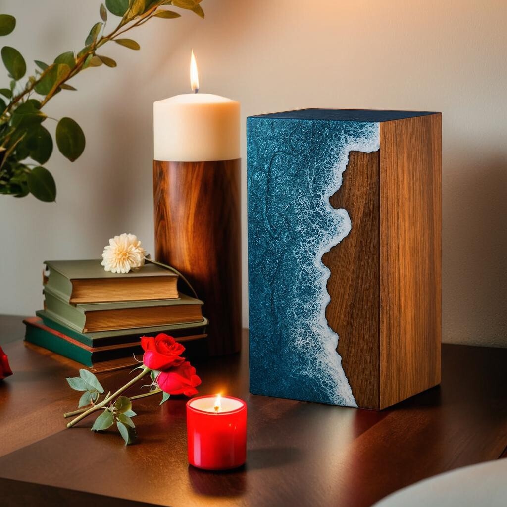 Handcrafted Wooden Ocean Wave Urn for Adult Human Ashes – Memorial Funeral Box