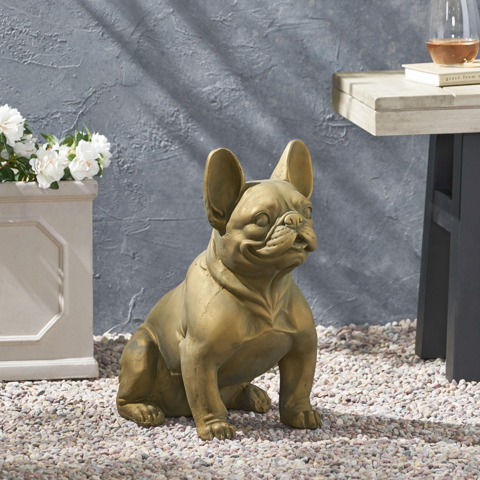 Merax French Bulldog Garden Statue – Outdoor Cast Stone Decor, Rustic Gold Fi…