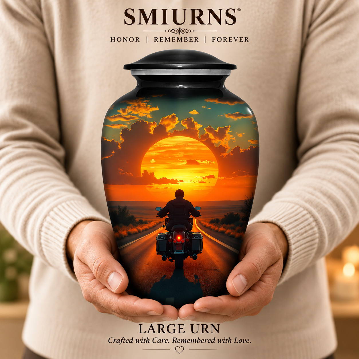 Large Cremation Urn for Human Ashes Adult Motorcycle Rider Sunset 190 Cubic In