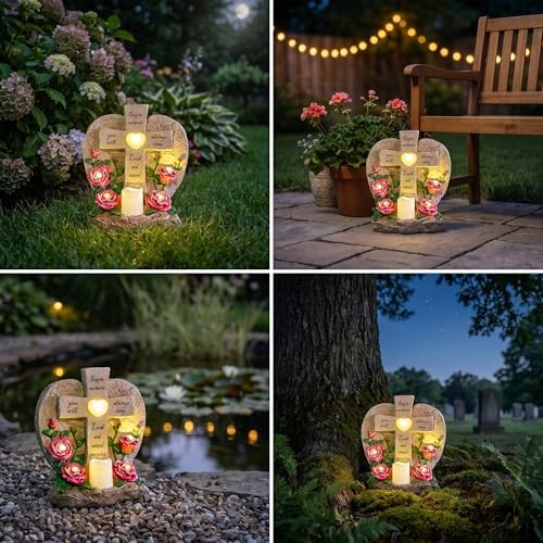 Memorial Garden Stone Cross with LED Lights – Sympathy Gift, Heart Rose Design
