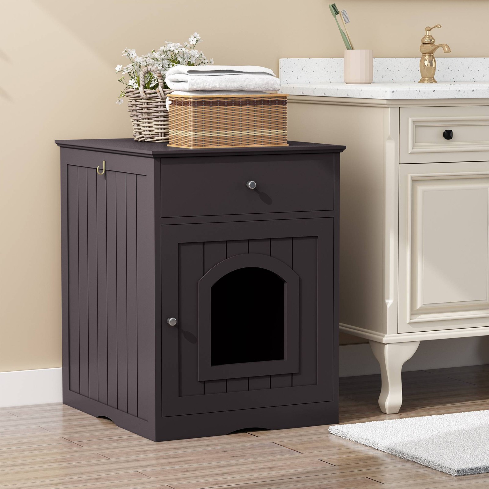 Wooden Pet House Cat Litter Box Enclosure With Drawer, Side Table Indoor Pet Cra