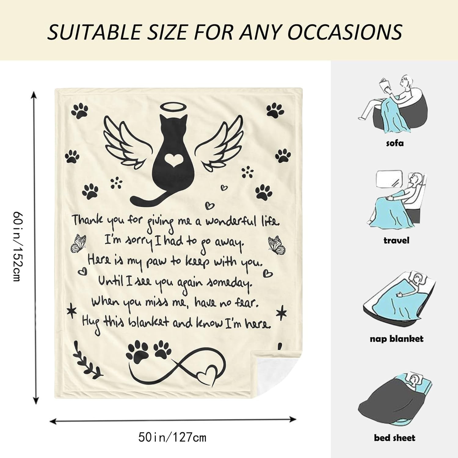 Cat Memorial Blanket 50″x60″ Sympathy Gift