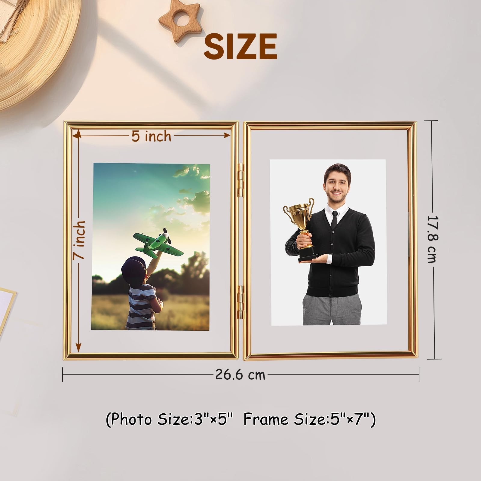 Folding Double Frame, Gold Floating Picture Frame with Hinge, For 5″×7″ 4″&