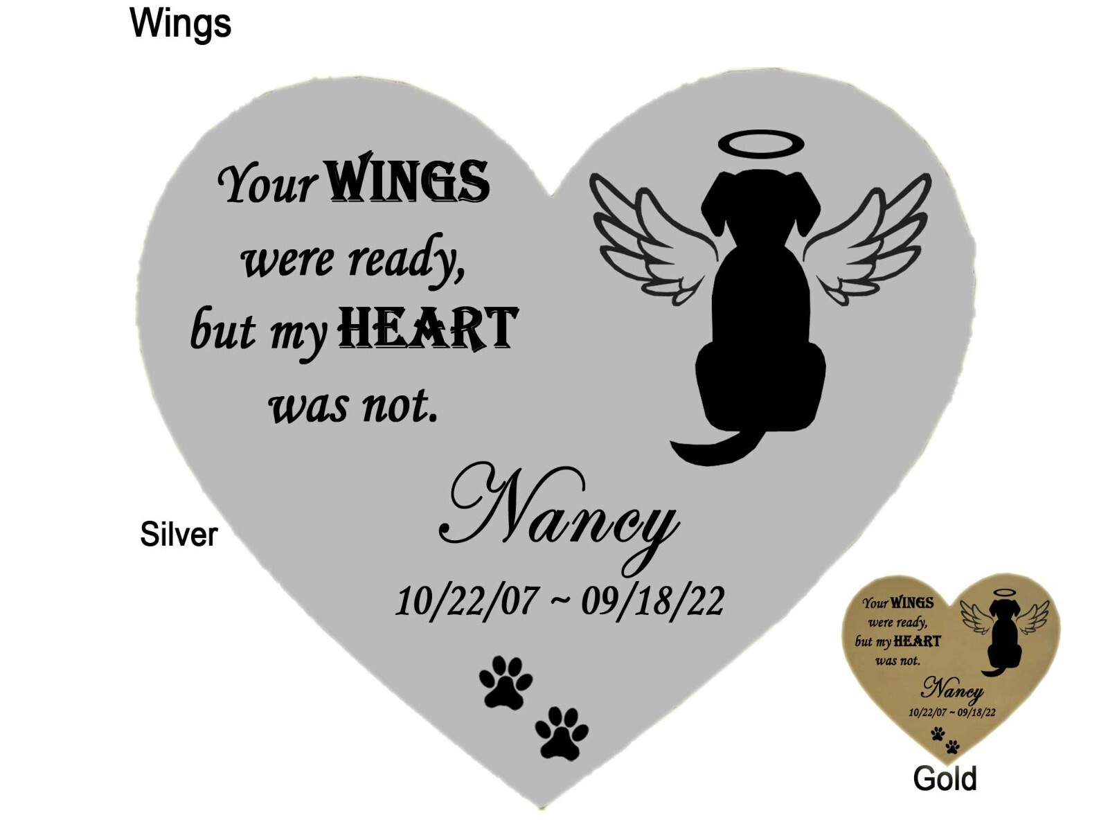 Dog Name Plate Engraved Memorial Heart Shape Pet Loss – Gold or Silver – 2 Sizes