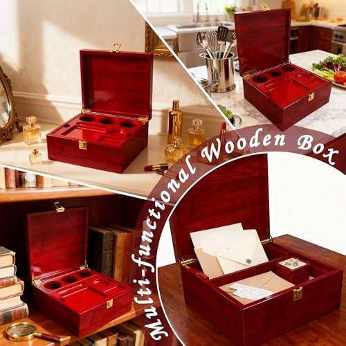 Large Wooden Box Decorative Storage Box with Lock & Accessories – Burgundy