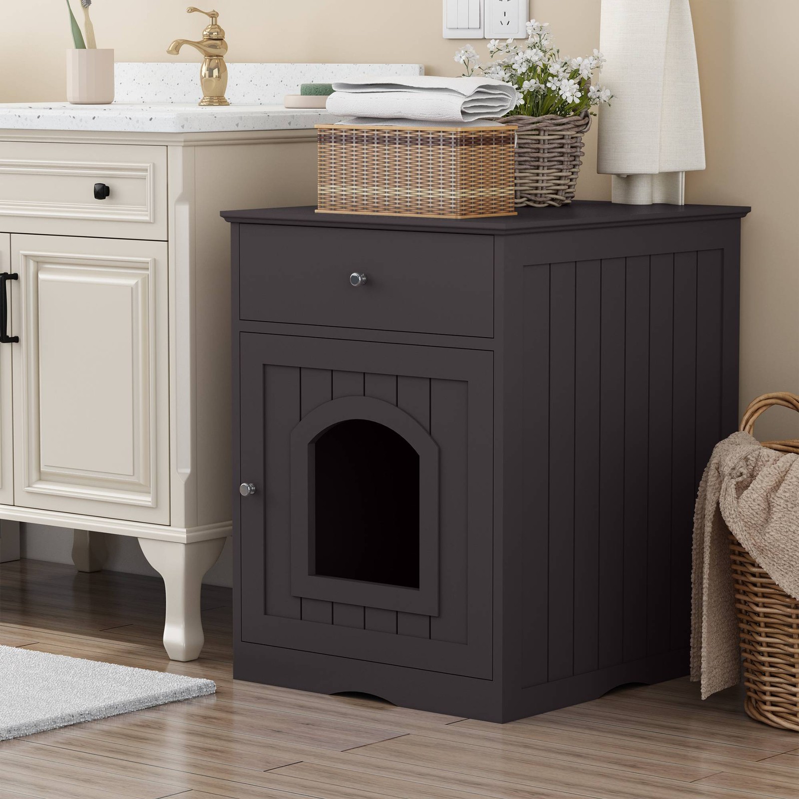 Wooden Pet House Cat Litter Box Enclosure With Drawer, Side Table Indoor Pet Cra