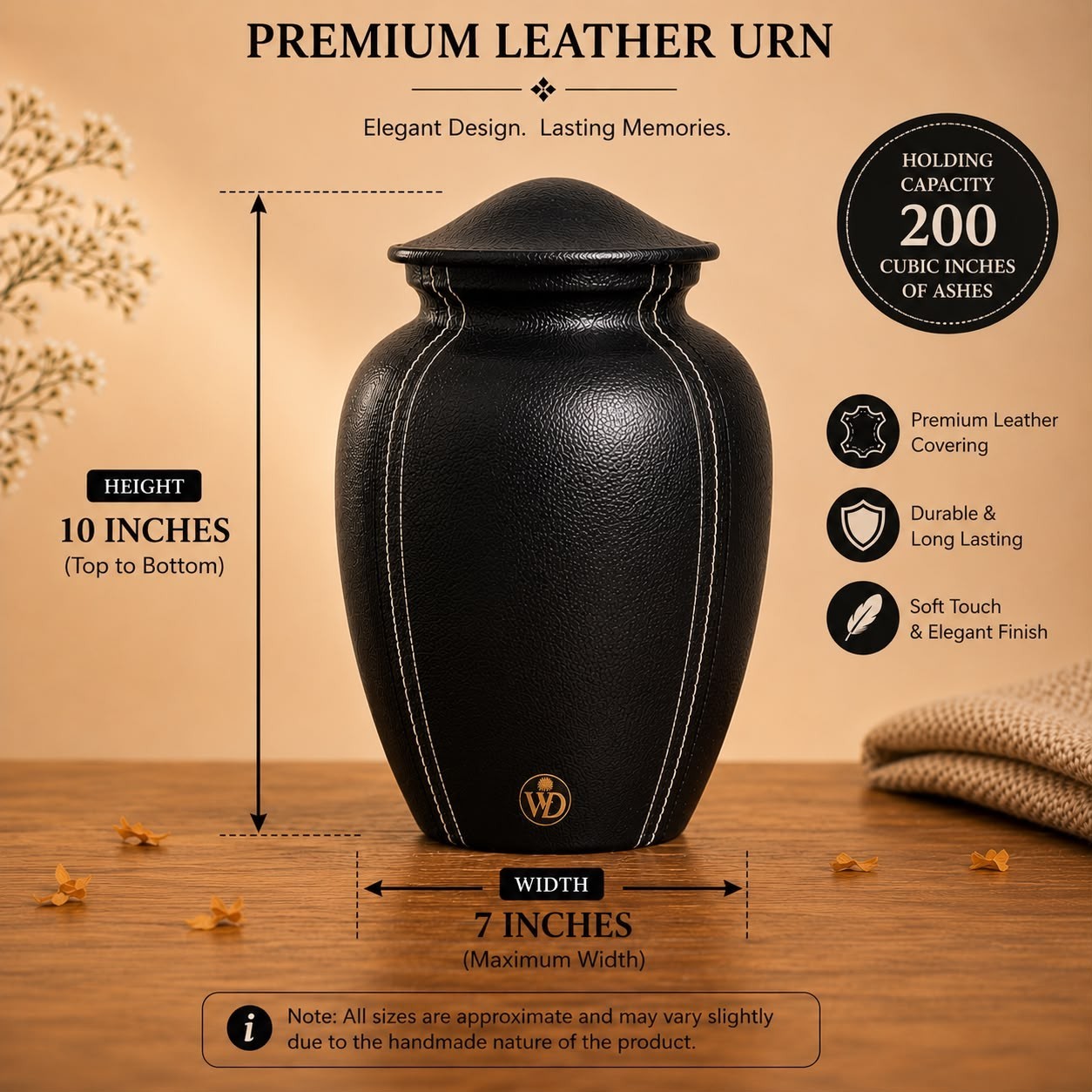 Premium Leather Cremation Urn for Human Ashes Adult 200 Cu In Aluminum Core