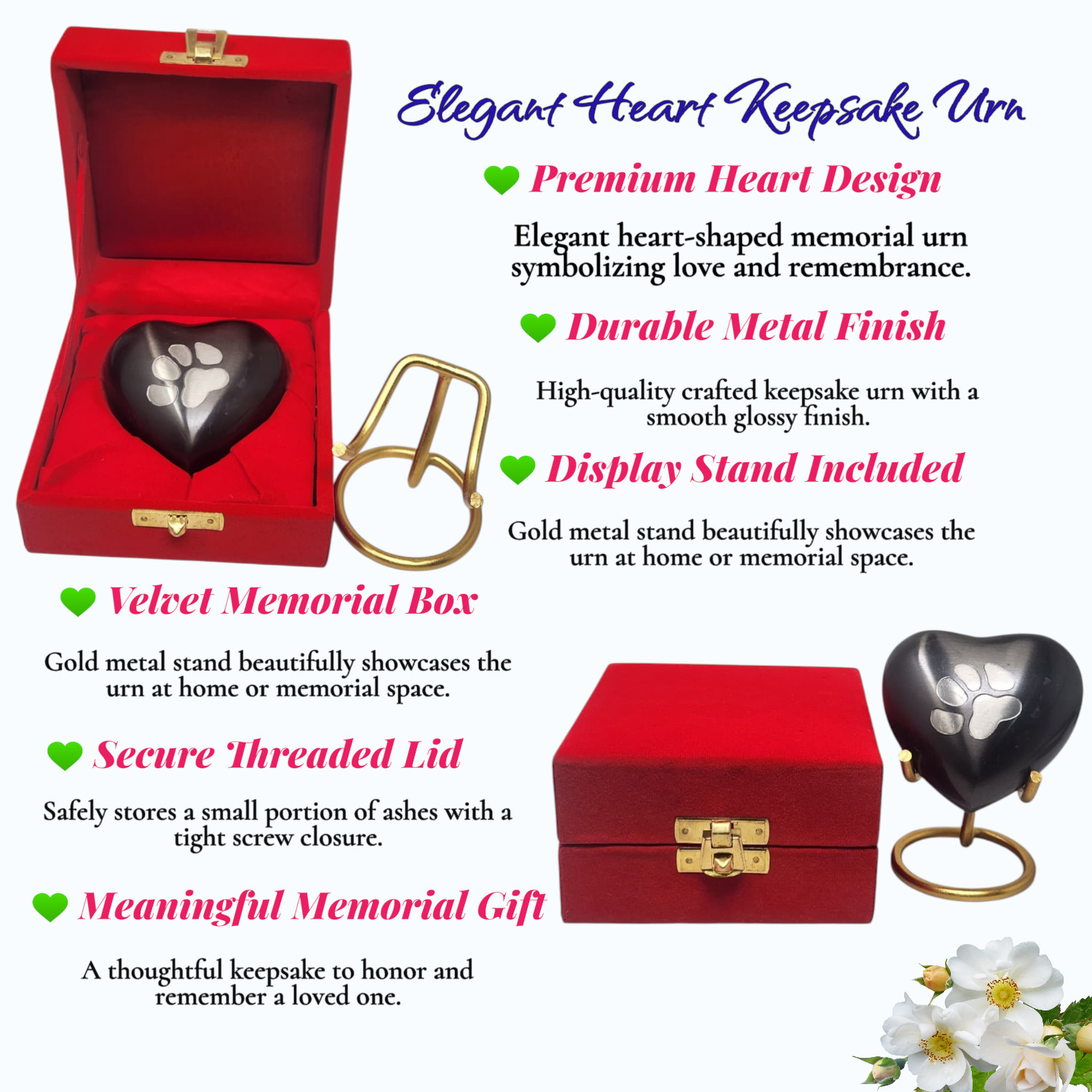 Black Paw Print Heart Pet Urn for Ashes Dog Cat Memorial Keepsake Urn with Box