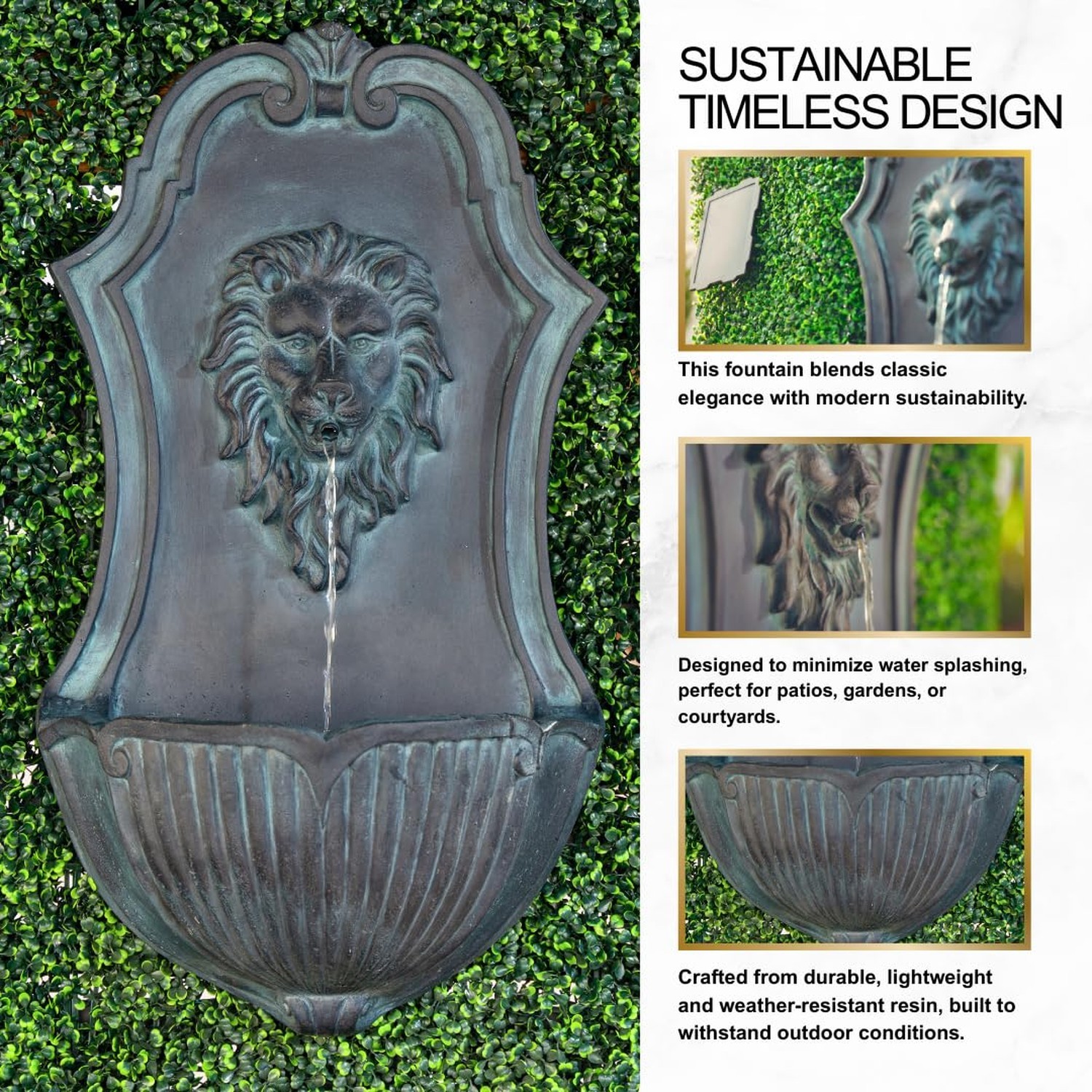 XBrand 30″ Solar-Powered Wall-Mounted Lion Head Fountain, Resin, Outdoor, Gray