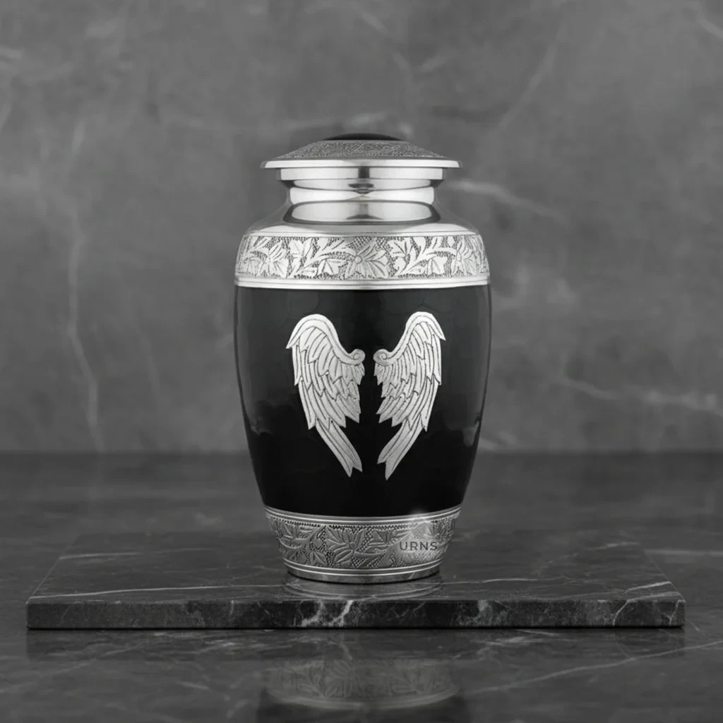 Midnight Wings Angel Urn – Ornate Black and Silver Cremation Urn for Adult Human
