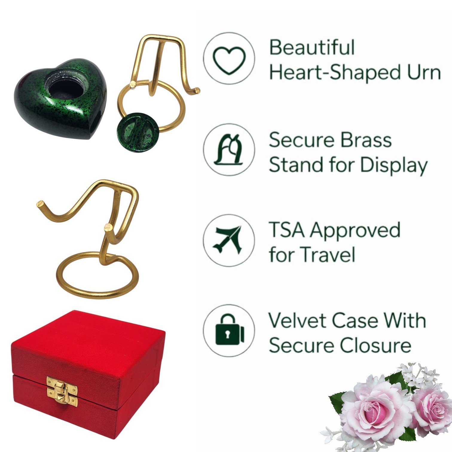 Custom Green Heart Cremation Keepsake Urn for Ashes with Display Stand & Box