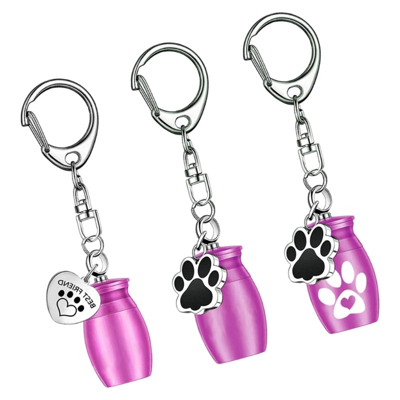 3pcs Pet Ashes Remembrances Jewelry Dog Paws Charm Metal Urn Keychain