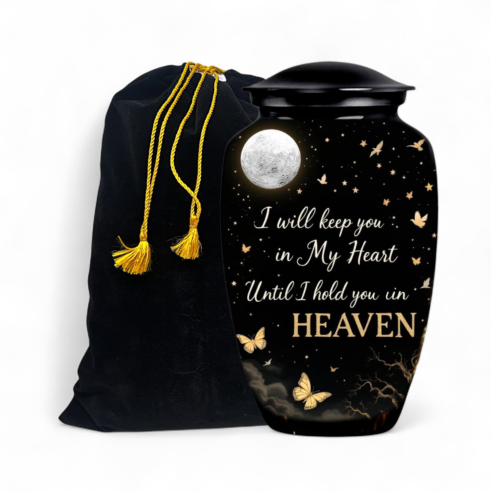 Black Cremation Urn for Human Ashes Memorial Urn with Velvet Bag Heaven Design
