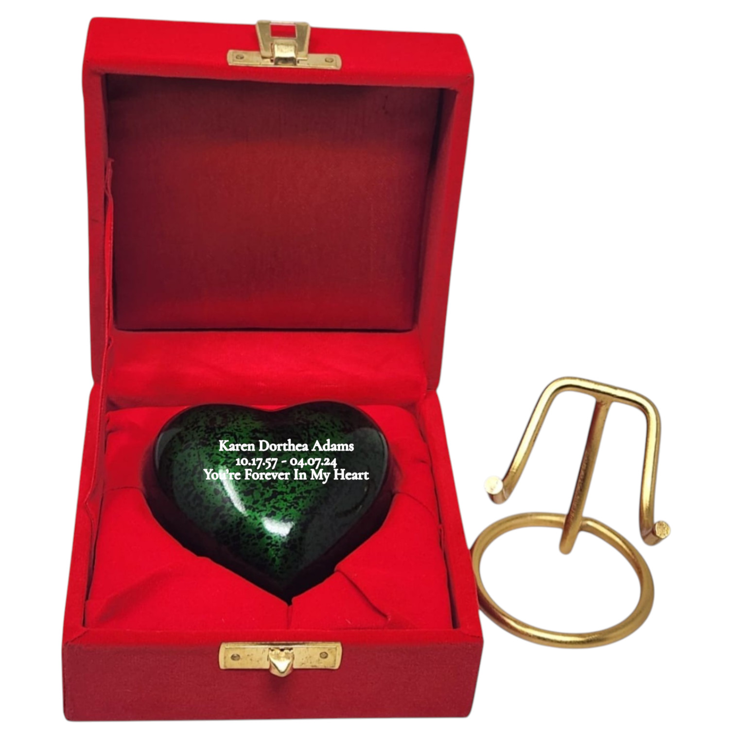 Custom Green Heart Cremation Keepsake Urn for Ashes with Display Stand & Box