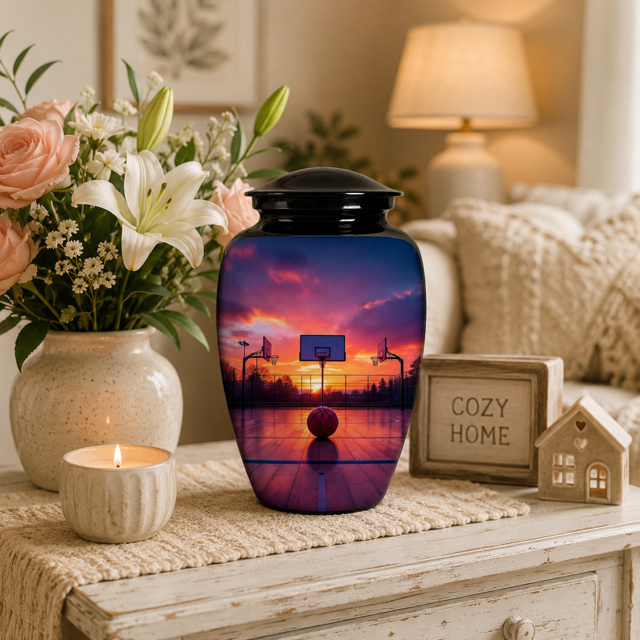 Large Black Basketball Cremation Urn Human Ashes for Your Love Ones Earns w/Bag
