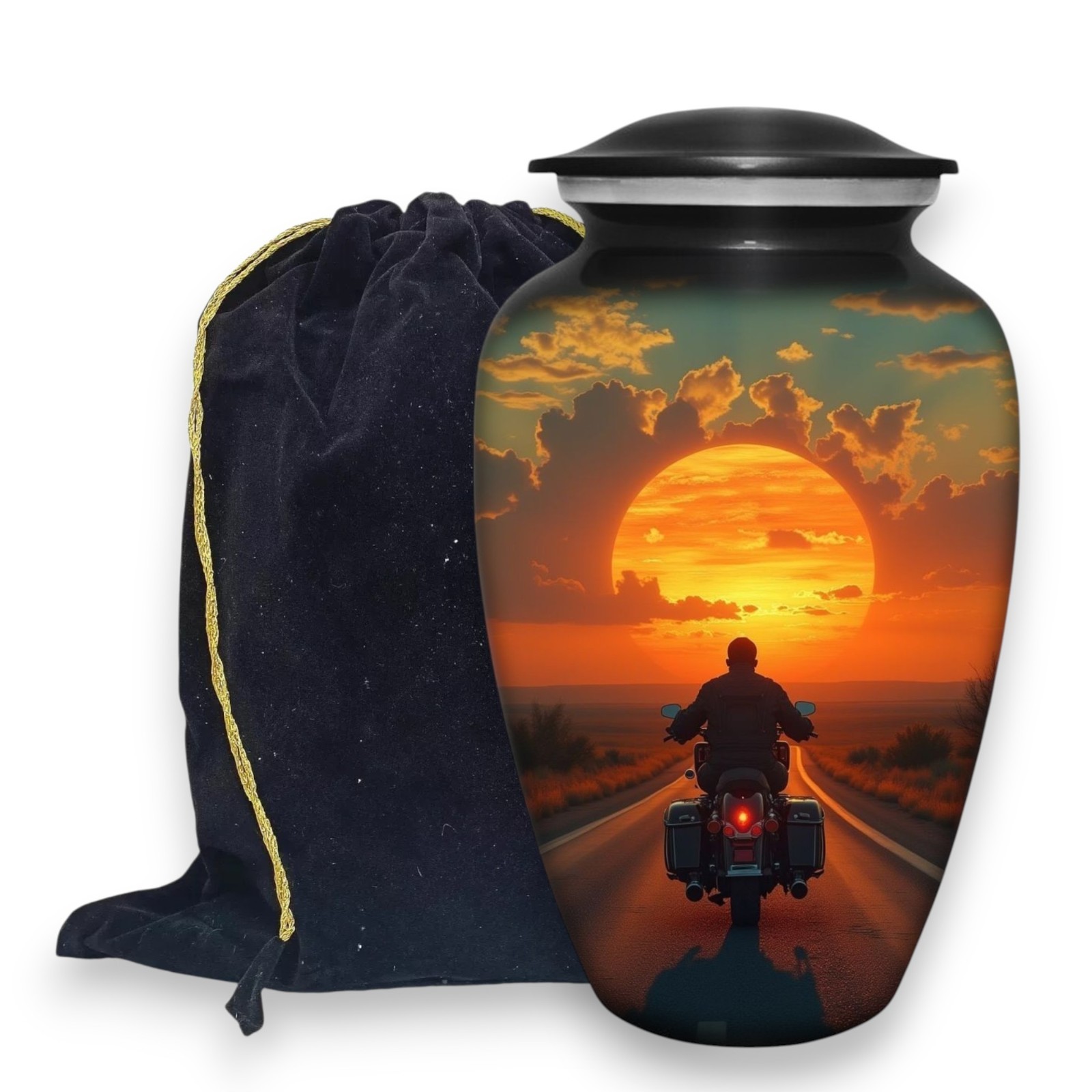 Large Cremation Urn for Human Ashes Adult Motorcycle Rider Sunset 190 Cubic In