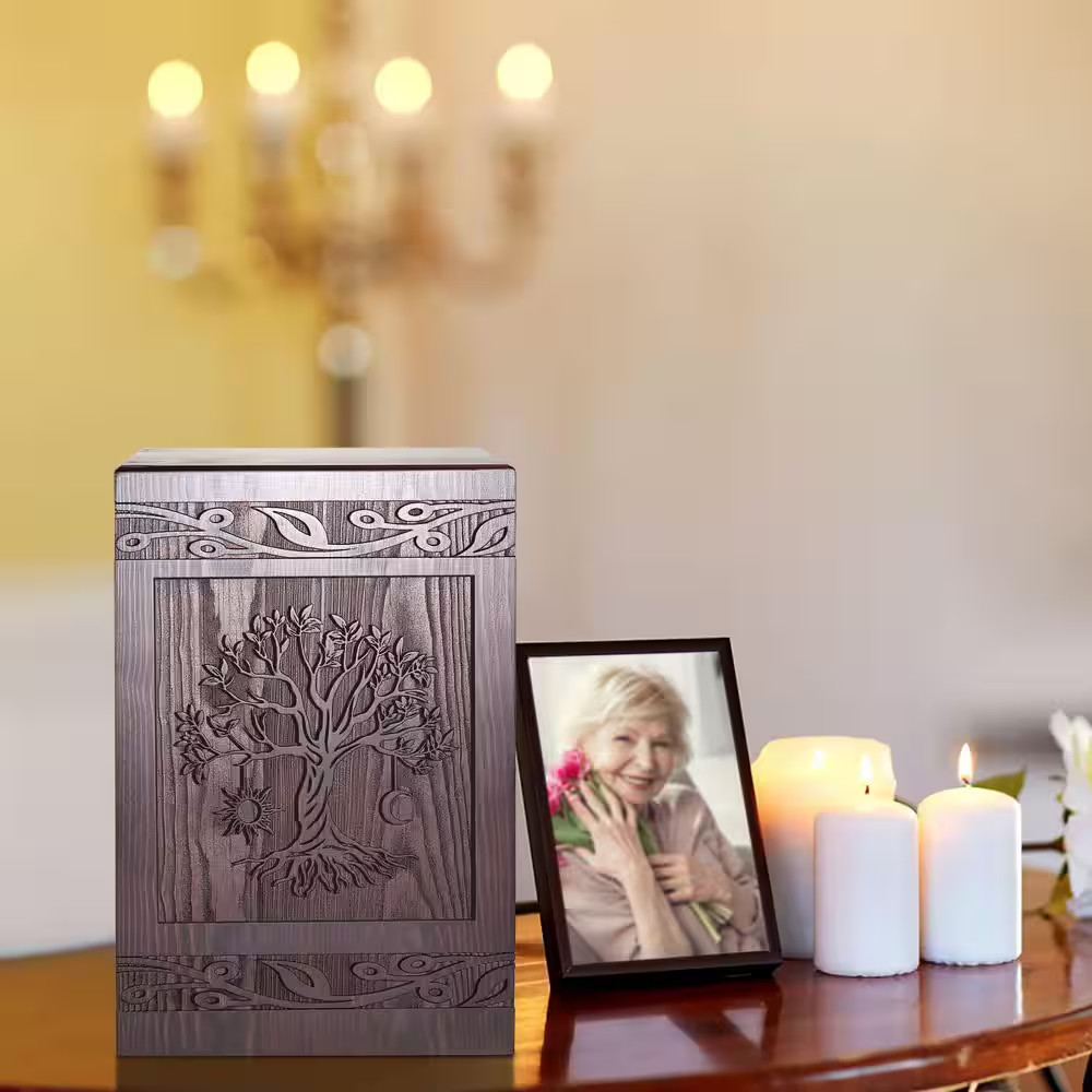 6.3 In. W X 9.5 In. H Wooden Tree of Life Urns Box and Casket, Burial Funeral Me
