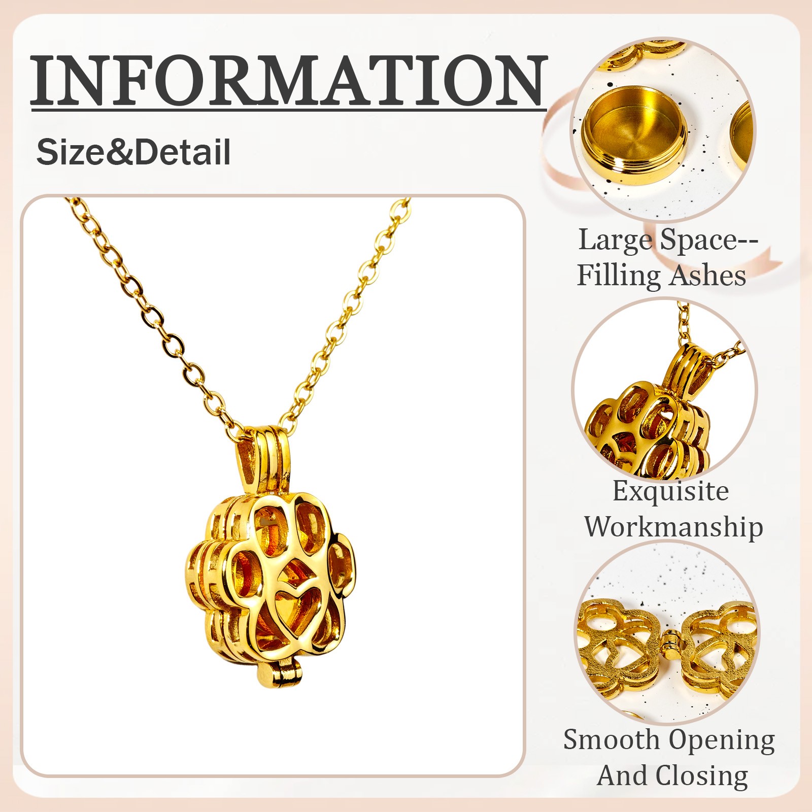 Gold Paw Print Heart Pet Ashes Memorial Necklace with Inner Box Fit For Dog&Cat