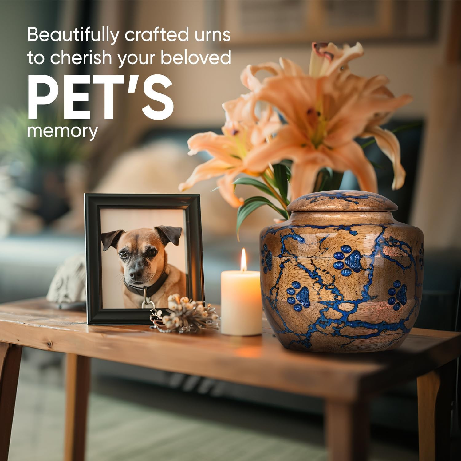 Large Blue Wood Pet Urn for Dog/Cat Ashes – Memorial Remembrance Box